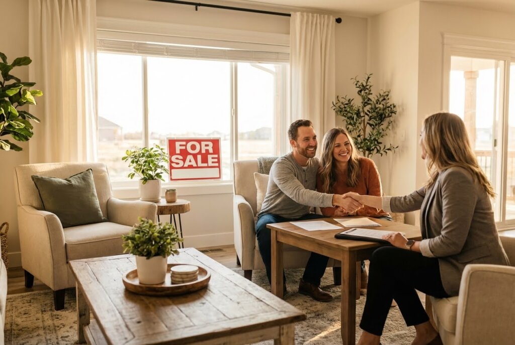 Smiling couple shaking hands with a real estate agent at a table, with a "FOR SALE" sign visible through a bright window.