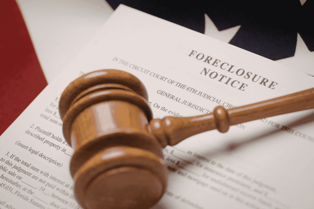 Judge’s gavel resting on a document labeled “Foreclosure Notice.”