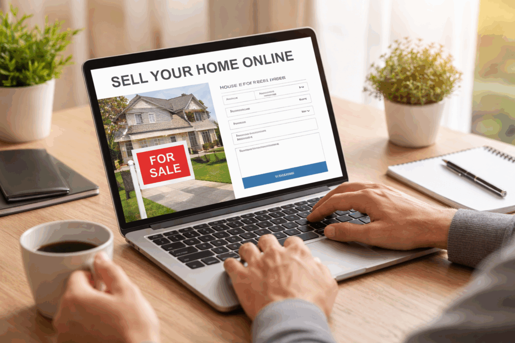 Homeowner using a laptop to create an online property listing, with a house photo and “For Sale” sign visible on the screen at a desk workspace.