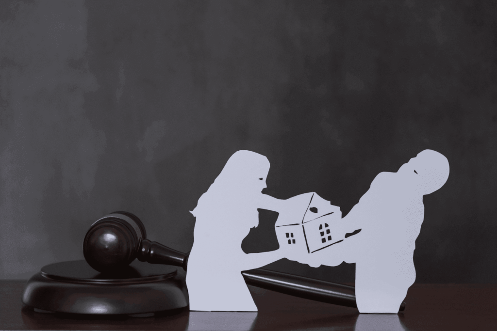 Upset couple standing with a lawyer in an office, suggesting a divorce or legal dispute meeting.