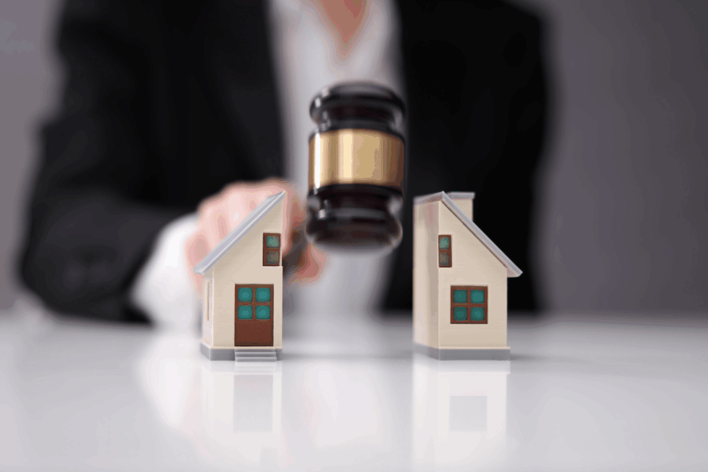 Judge’s gavel between two small model houses, symbolizing property division or legal dispute.